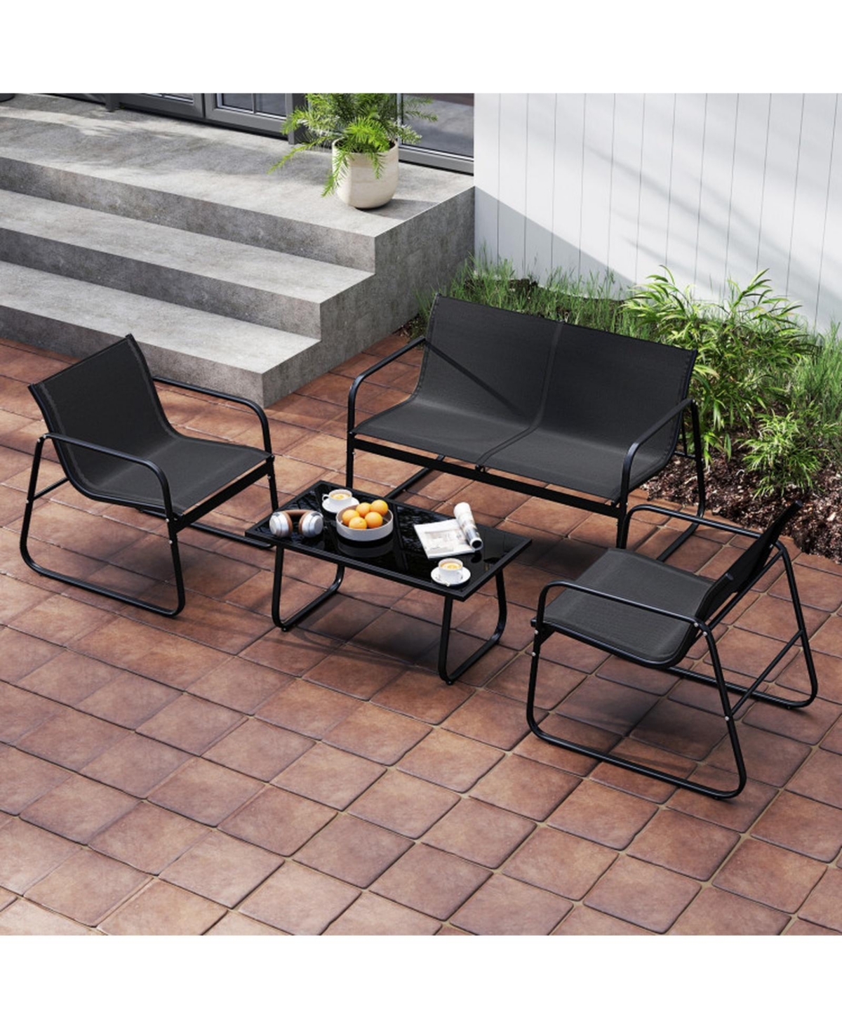 Gouun 4 Piece Patio Furniture Set, Fabric Outdoor Chairs and Loveseat with Tempered Glass Coffee Table