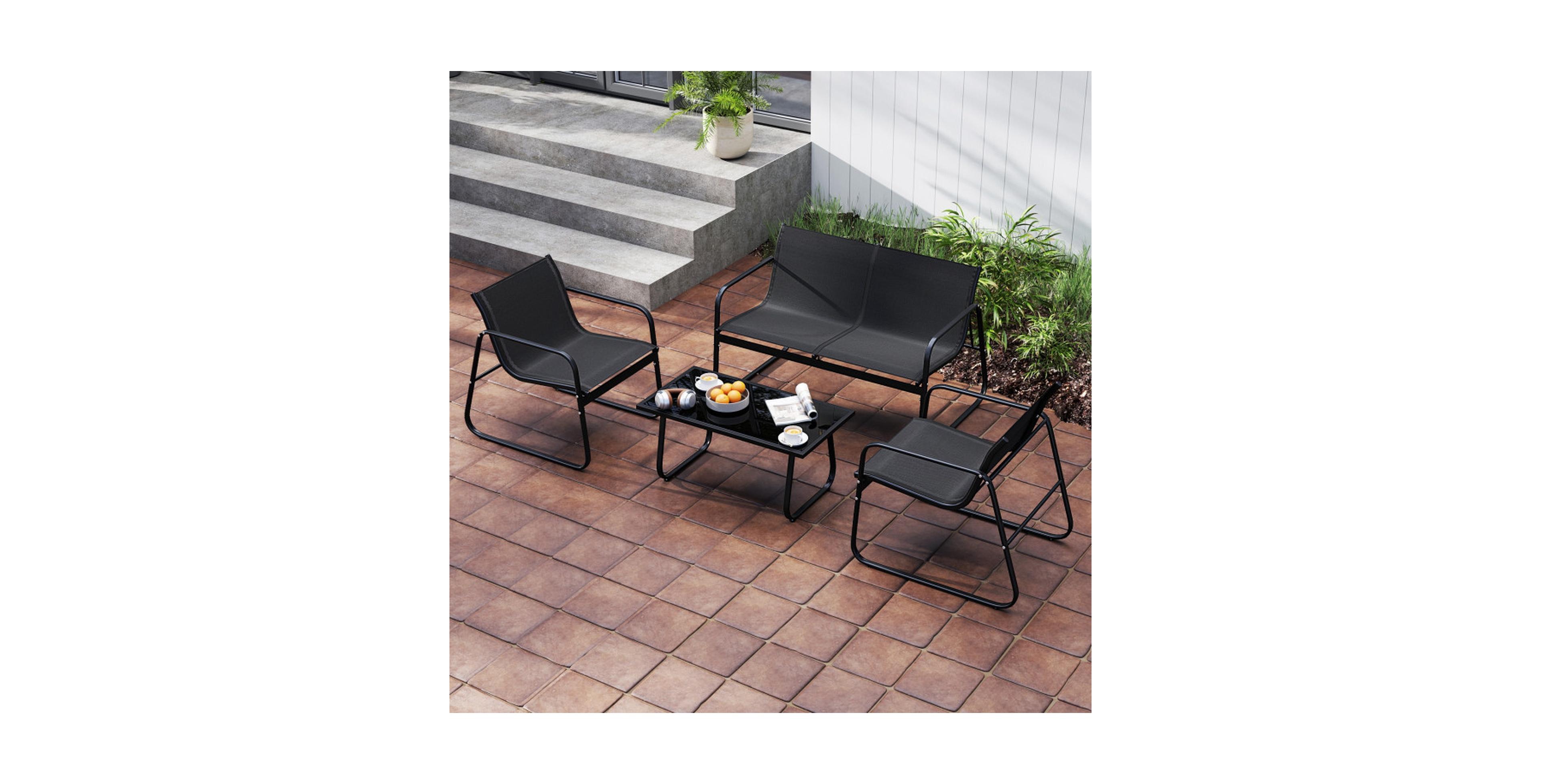 Gouun 4 Piece Patio Furniture Set, Fabric Outdoor Chairs and Loveseat with Tempered Glass Coffee Table