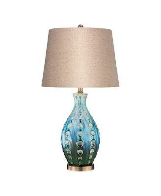 Mid Century Modern Table Lamp with Table Top Dimmer 26.5" High Teal Ceramic Fabric Drum for Living Room Bedroom
