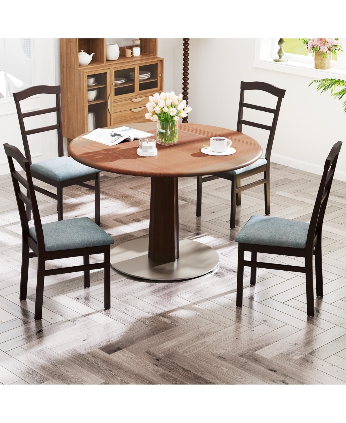 Slickblue Farmhouse Wooden Dining Chair Set of 2 with Linen Fabric Cushioned Seating