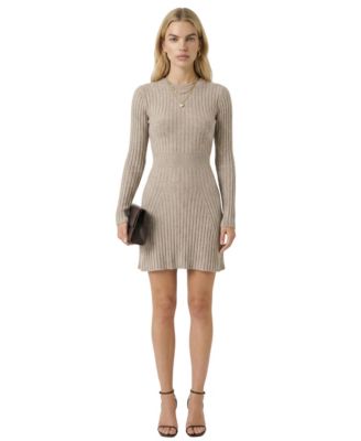 Women's Ribbed Knit Long-Sleeve Flared-Hem Sweater Dress