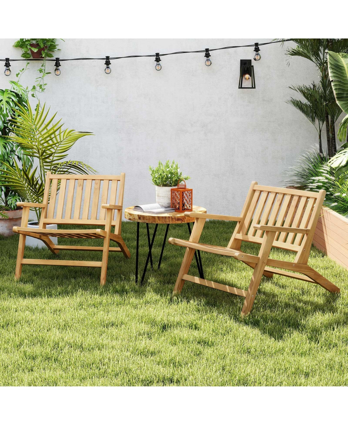 Gymax 2PCS Teak Wood Outdoor Reclining Chair w/ Comfortable Backrest and Armrests