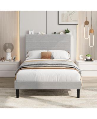 gaomon - Bed Frame with USB Charging Station, Corduroy Upholstered Platform Bed Frame with Adjustable Storage Headboard, Wooden Slats Support Grey