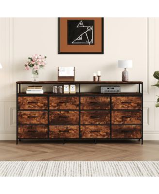 63" Dresser with 12 Drawers, TV Stand for 55-70 Inch TV, Fabric Dresser for Living Room, Long Chest of Drawers with Open Shelves