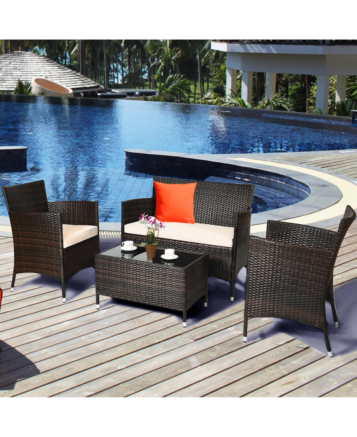 Costway 4PCS Patio Wicker Furniture Set Sofa Chair with Cushion Covers Garden - Grey