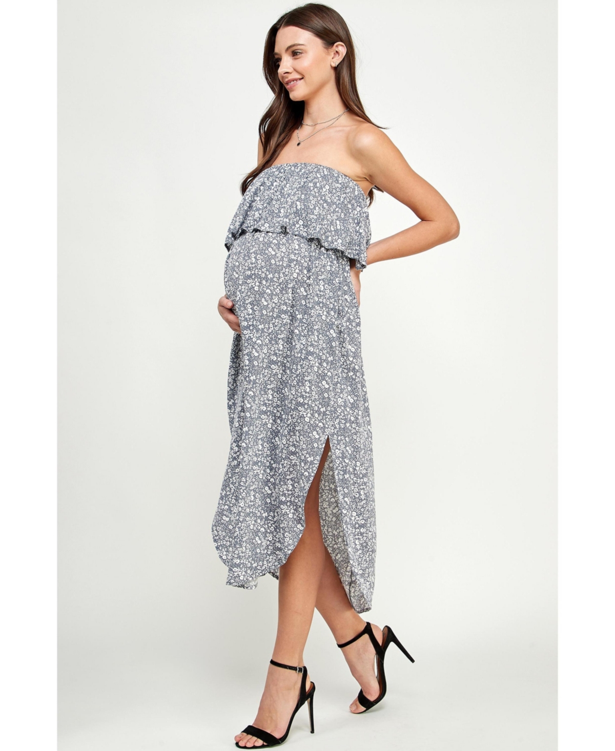 Hello Miz Maternity Floral Strapless Ruffle Overlay Midi Dress with Side Slit