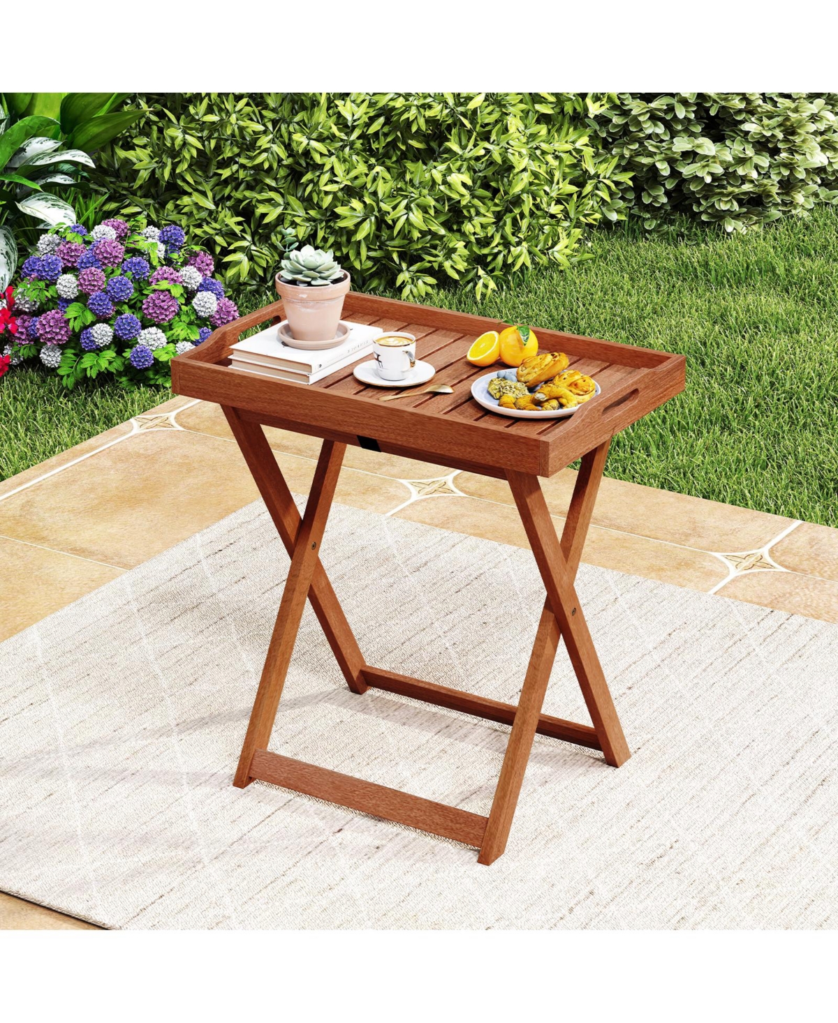 Sugift Folding Solid Wood Outdoor Tray Table with Removable Top