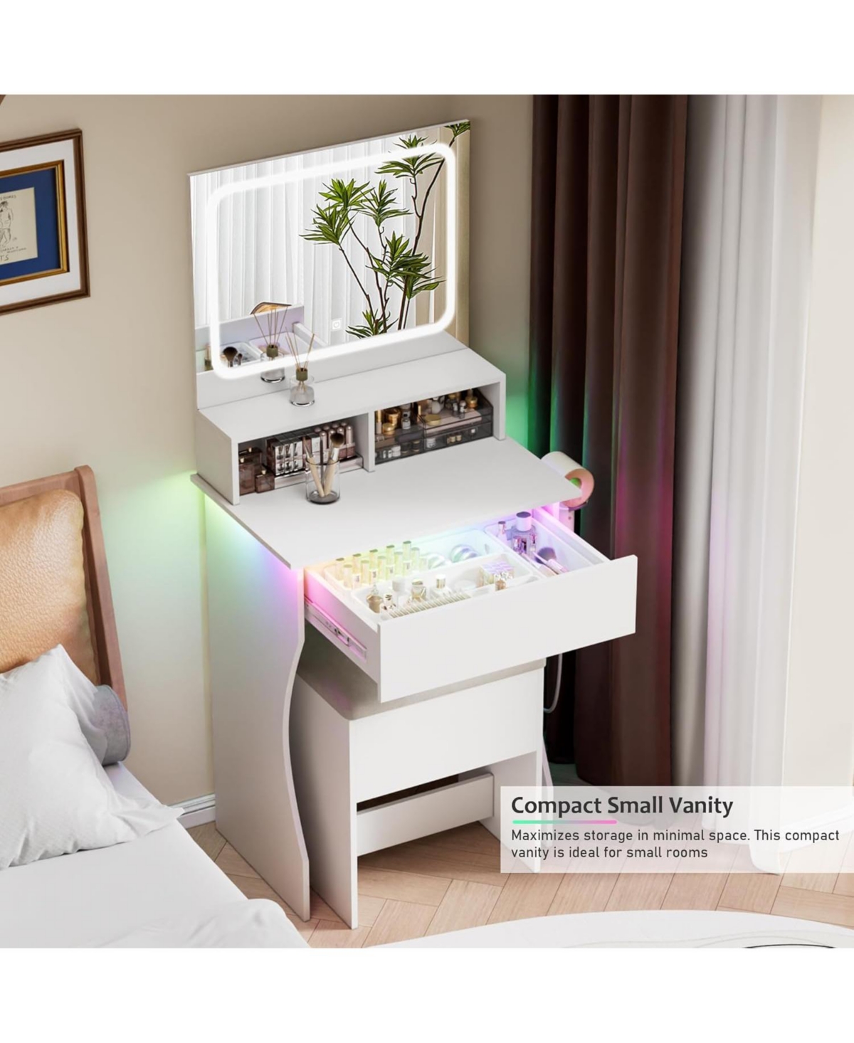 Dyhome Makeup Vanity Desk with Rgb Lighting, Power Outlet and Led Mirror
