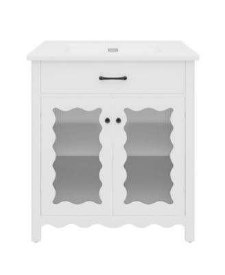 30 Inch Bathroom Vanity with Tempered Glass Top Modern Cabinet Rubber Wood Legs Soft Close Doors White Freestanding Storage Vanity