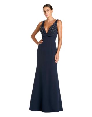 Petite Crepe Sleeveless Beaded V Neck Gown With Bow