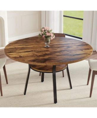 47" Round Dining Table for 4-6, Wood Kitchen Table with Shelf Farmhouse Circle Dinner Table