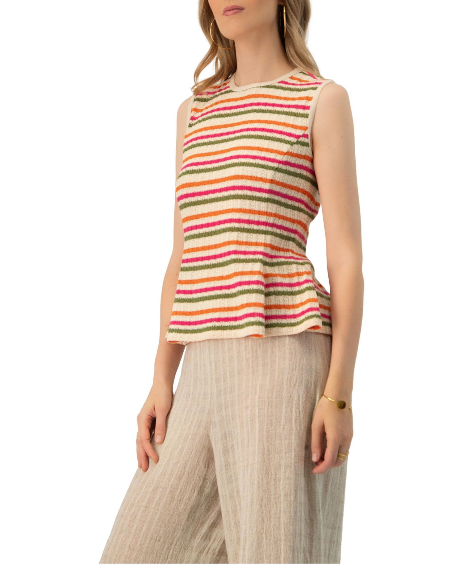 Women's Sleeveless Peplum Striped Knit Blouse