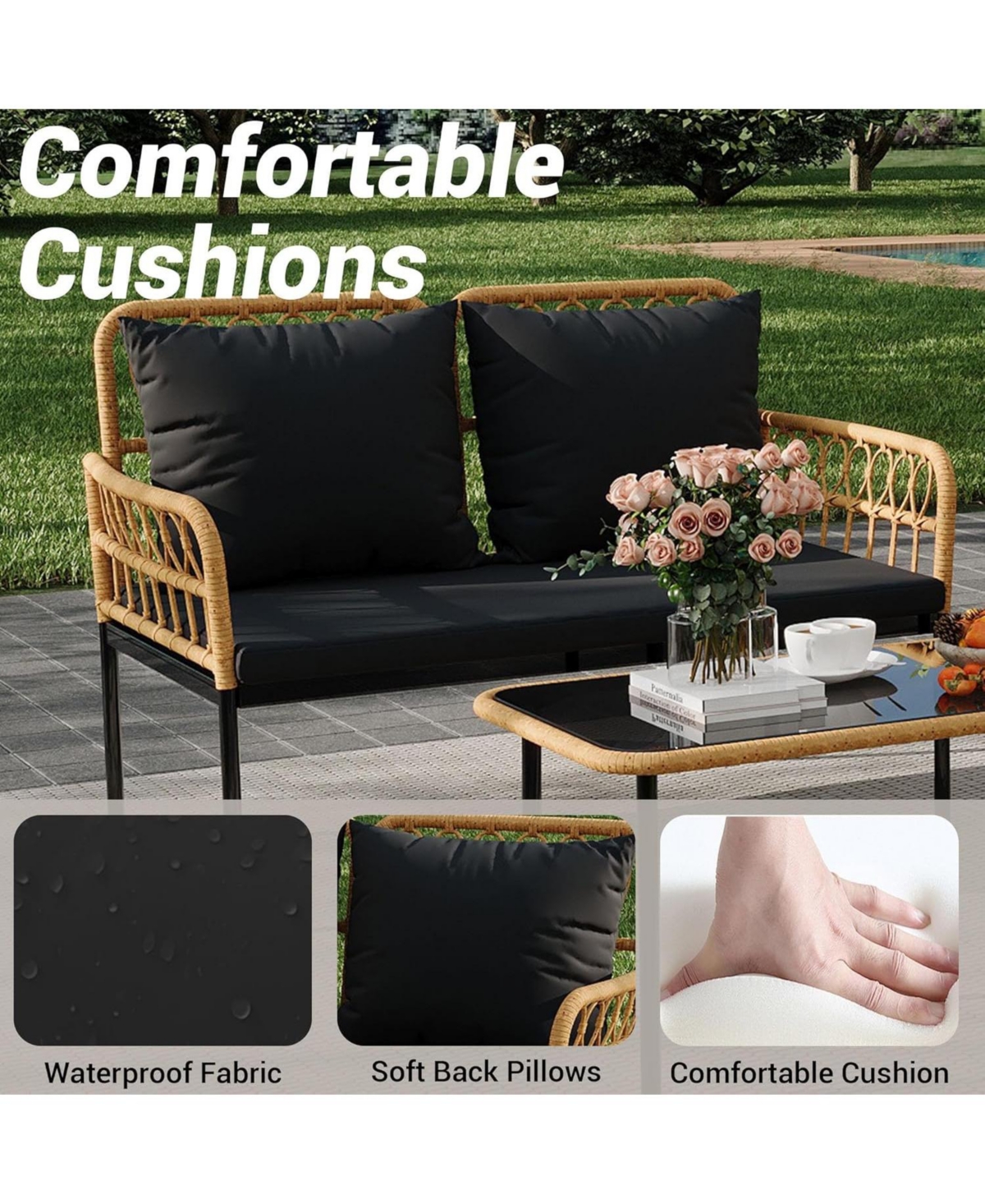 gaomon 4-Piece Patio Seating Set with Glass Coffee Table, Wicker and Cushions