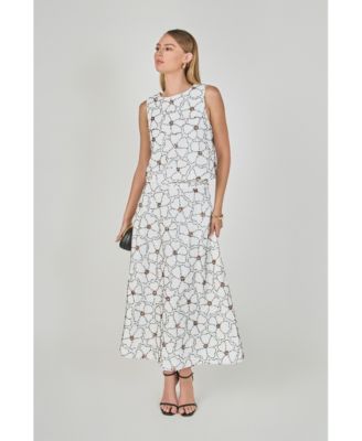 Women's Floral Beaded Sleeveless Top and Midi Skirt
