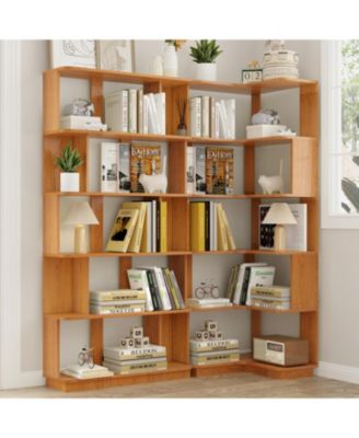 5 Tier L Shaped Bookcase, Modern Geometric Bookcase, Wood Corner Bookshelf, for Home Office, Living Room, Bedroom