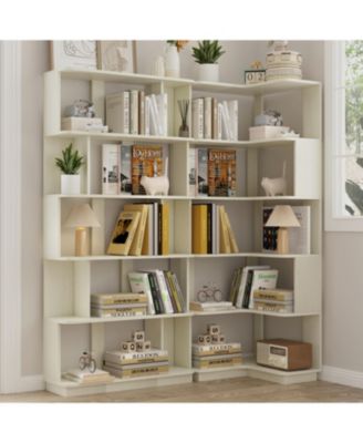 5 Tier L Shaped Bookcase, Modern Geometric Bookcase, Wood Corner Bookshelf, for Home Office, Living Room, Bedroom