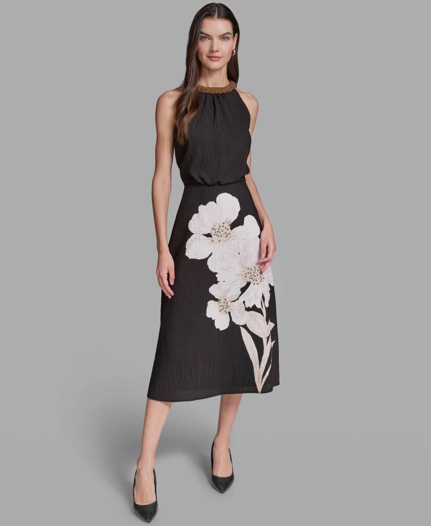 Women's Floral Print Halter Neck Midi Dress