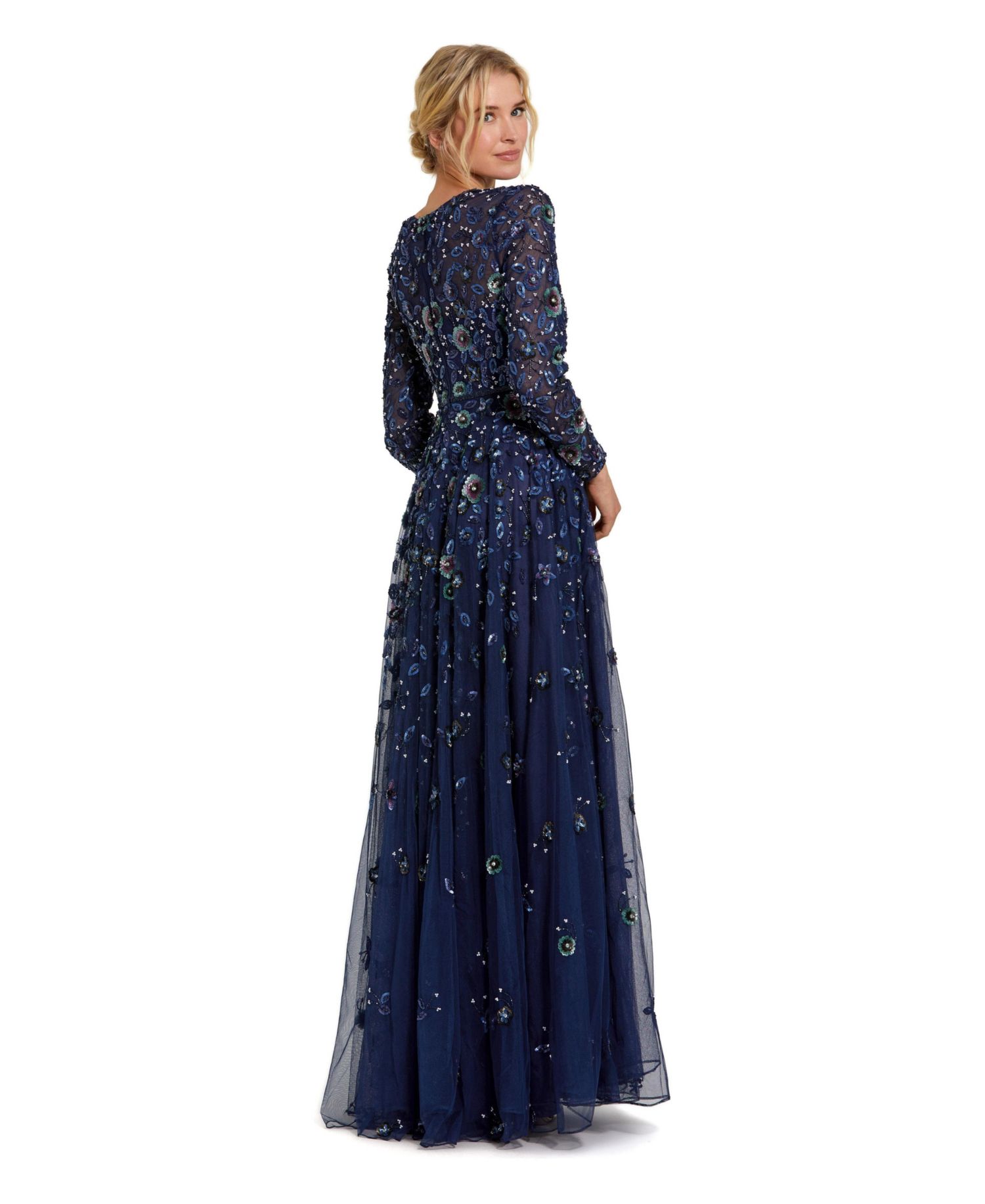 Women's Embellished High Neck Long Sleeve A Line Gown