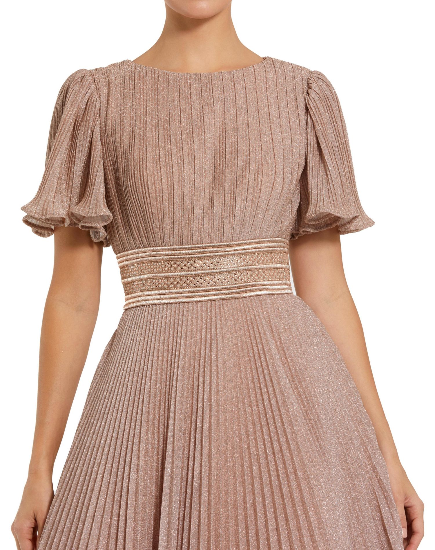Women's Pleated Shimmering Georgette Flutter Sleeve Gown