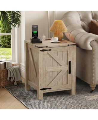 Rustic Farmhouse Bedside Cabinet with USB Charging Station, 18" Wide Top, Sliding Barn Door, and Adjustable Shelf for Bedroom or Living Room.