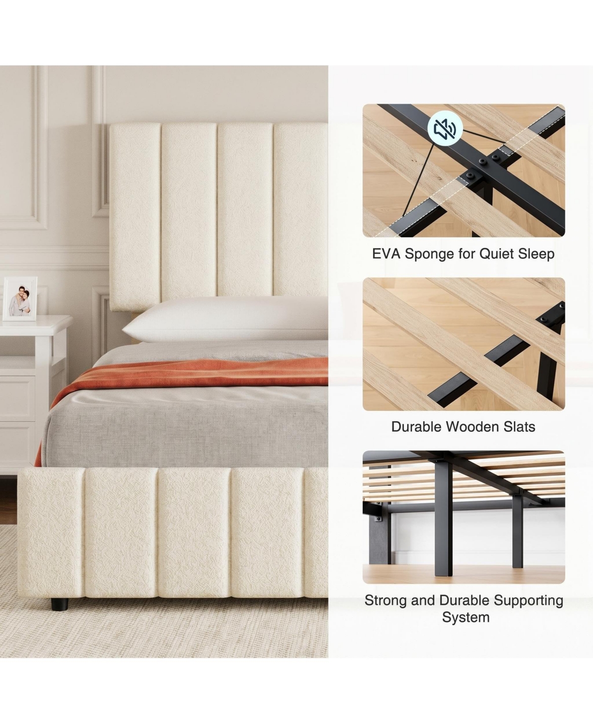 Gaomon Linen Upholstered Platform Bed Frame, 4 Storage Drawers, Adjustable Height Headboard, No Box Spring Needed