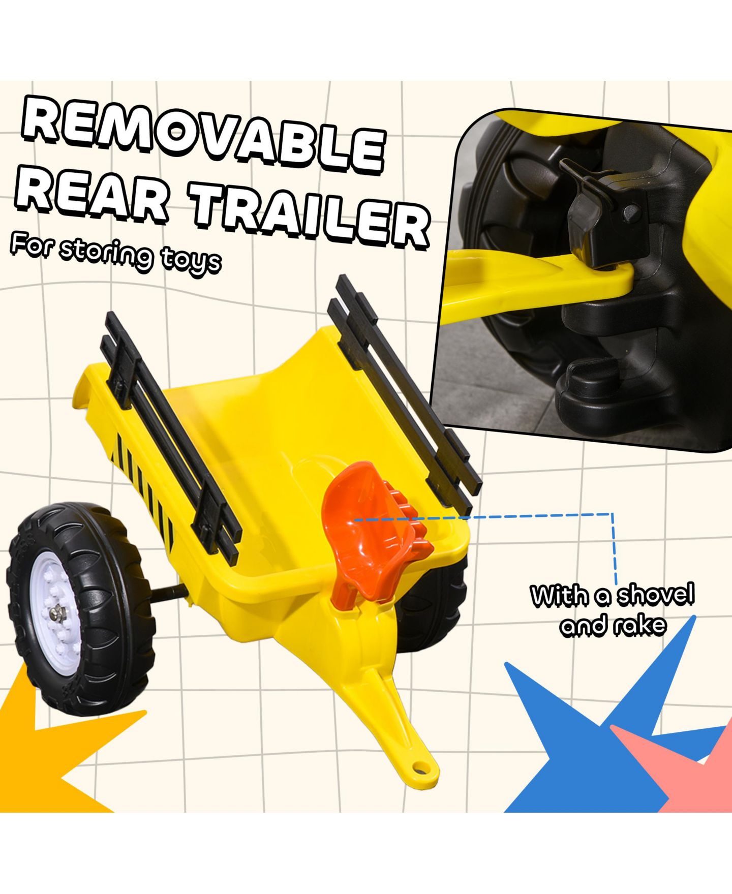 Детская игрушка Aosom Ride on Pull Tractor with Back Trailer, Metal, Shovel & Rake, 77-Lb. Capacity, Ages 3-4 — фото 7