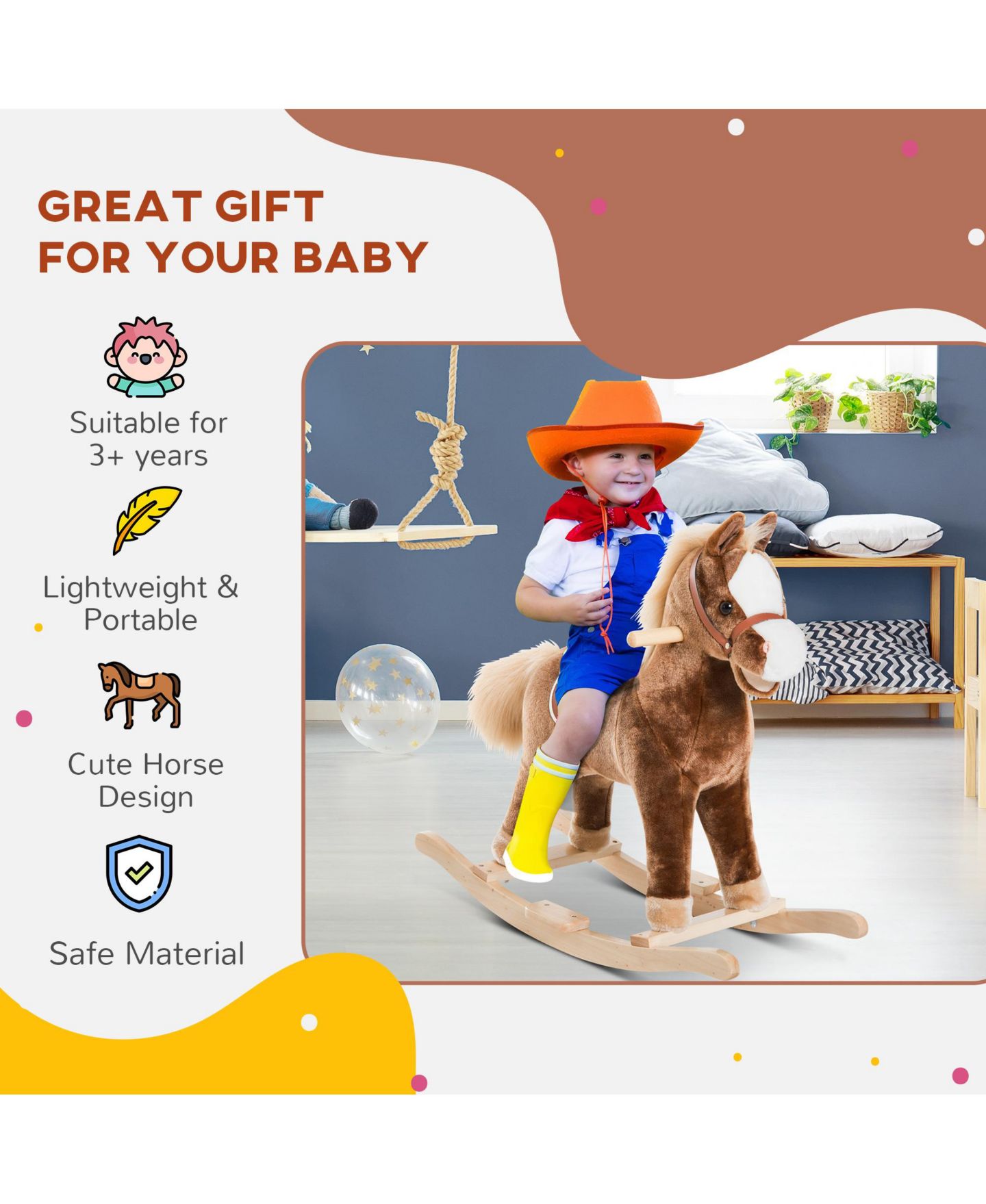 Детская мягкая игрушка Qaba Kids Rocking Horse, Plush Toddler Rocker, Wooden Base Ride On Toy — фото 4