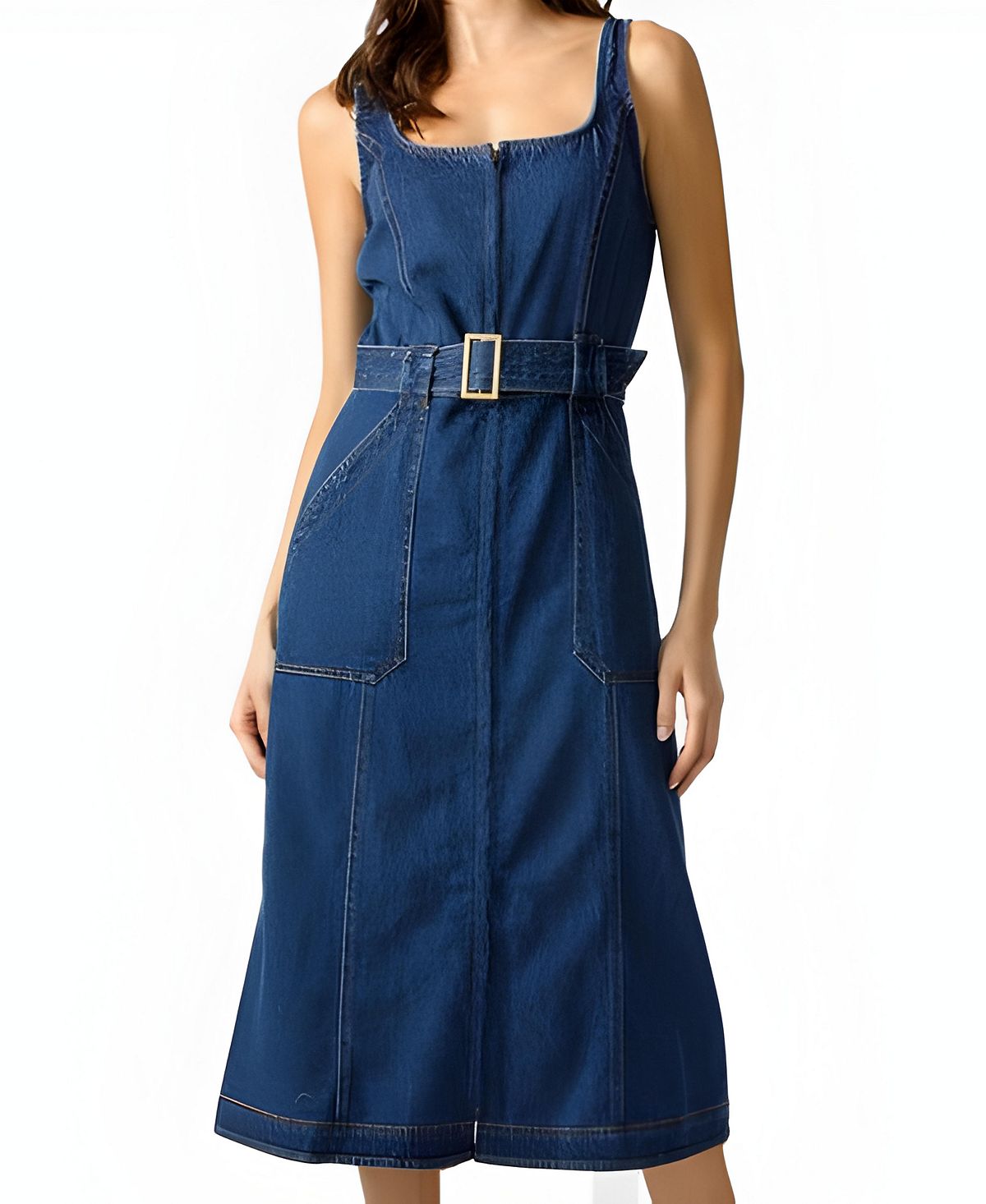 Modenaire Women's Square-Neck Zip-Front Denim Midi Dress with Belt view 4 — MAYCSS fashion products