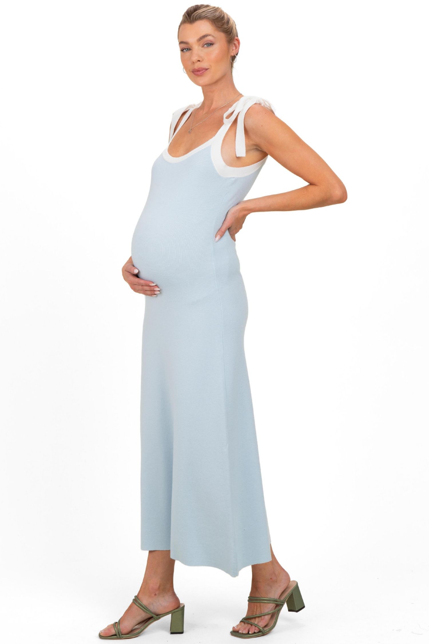 Women's Light Blue Knit Contrast Shoulder Tie Dress