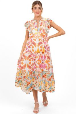 Maternity Orange Colorblock Floral Tassel Front Tie Dress