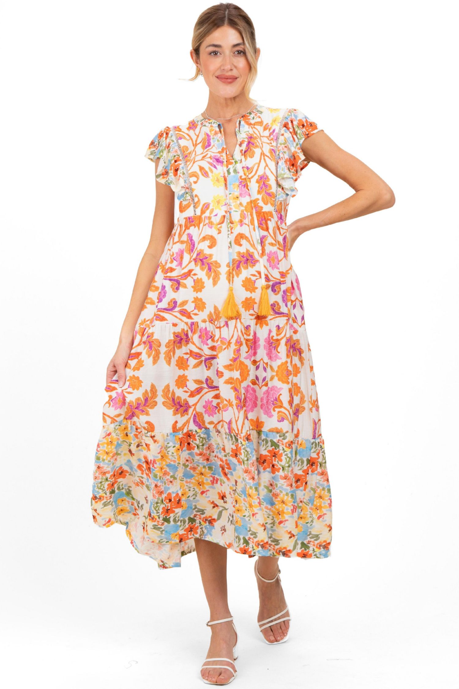Women's Orange Colorblock Floral Tassel Front Tie Dress