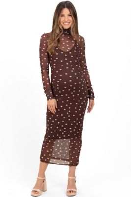 Maternity Mocha Polka Dot Mesh Overlay Midi Dress