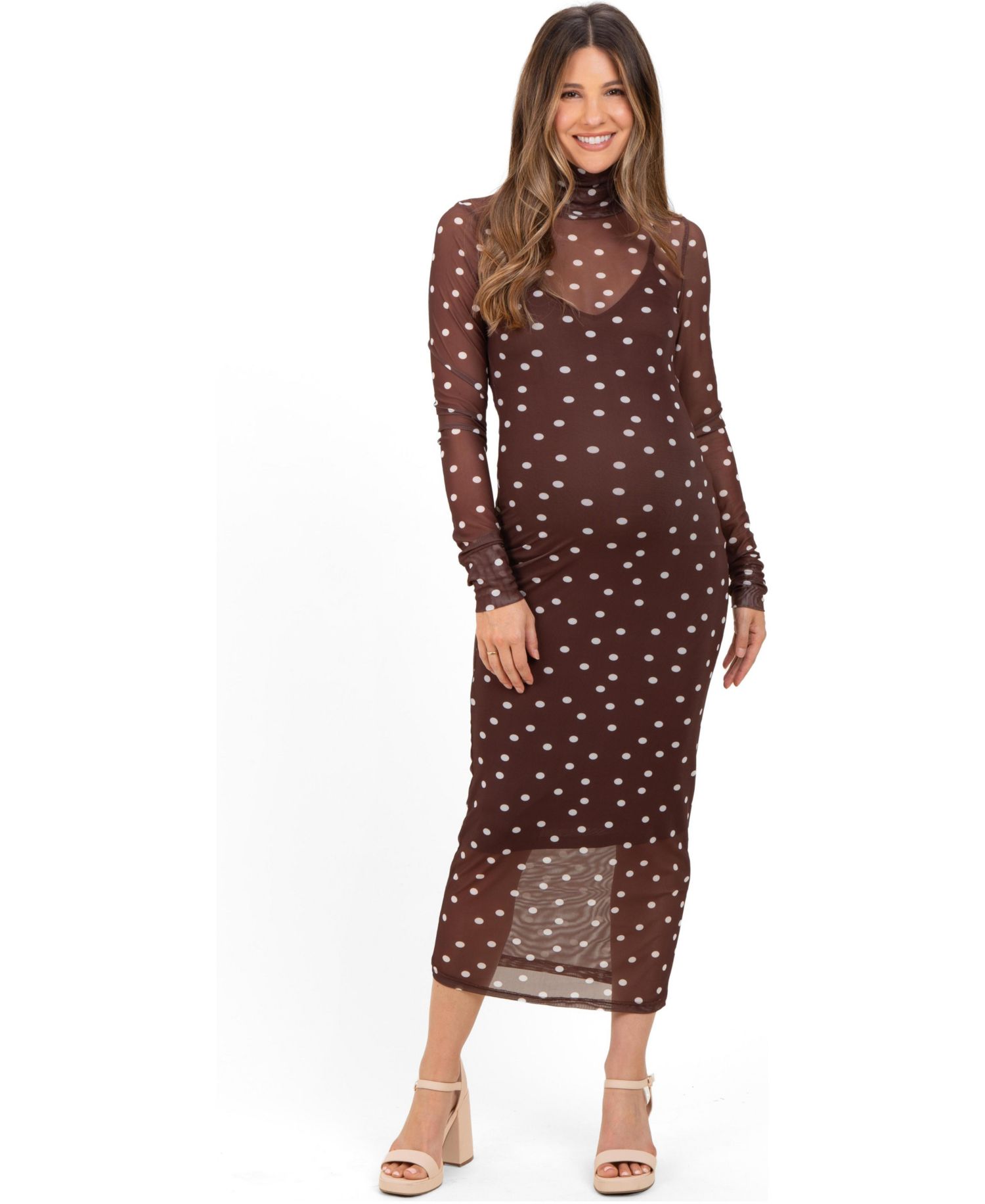 Women's Mocha Polka Dot Mesh Overlay Midi Dress