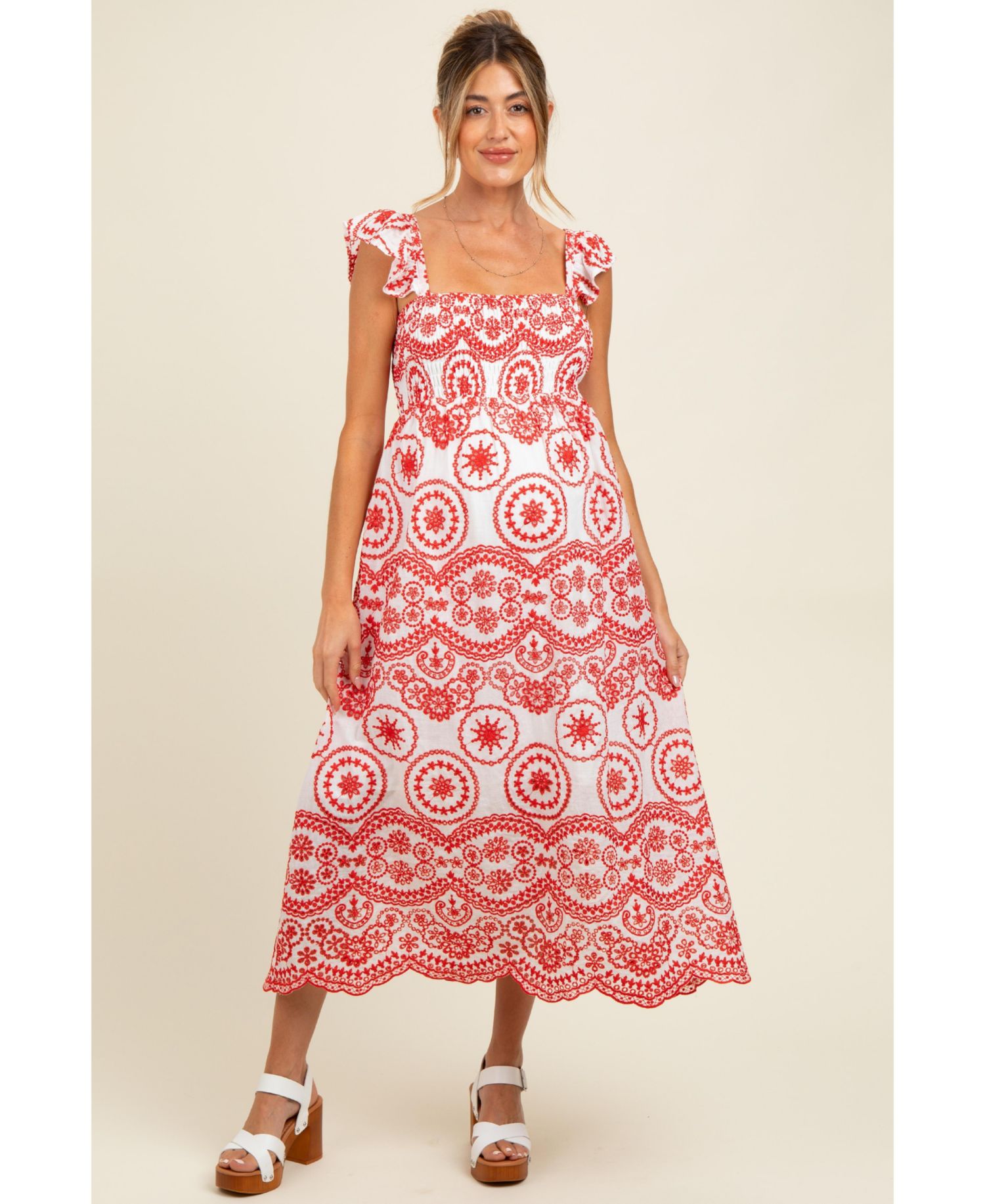 Women's Red Embroidered Smocked Cutout Midi Dress