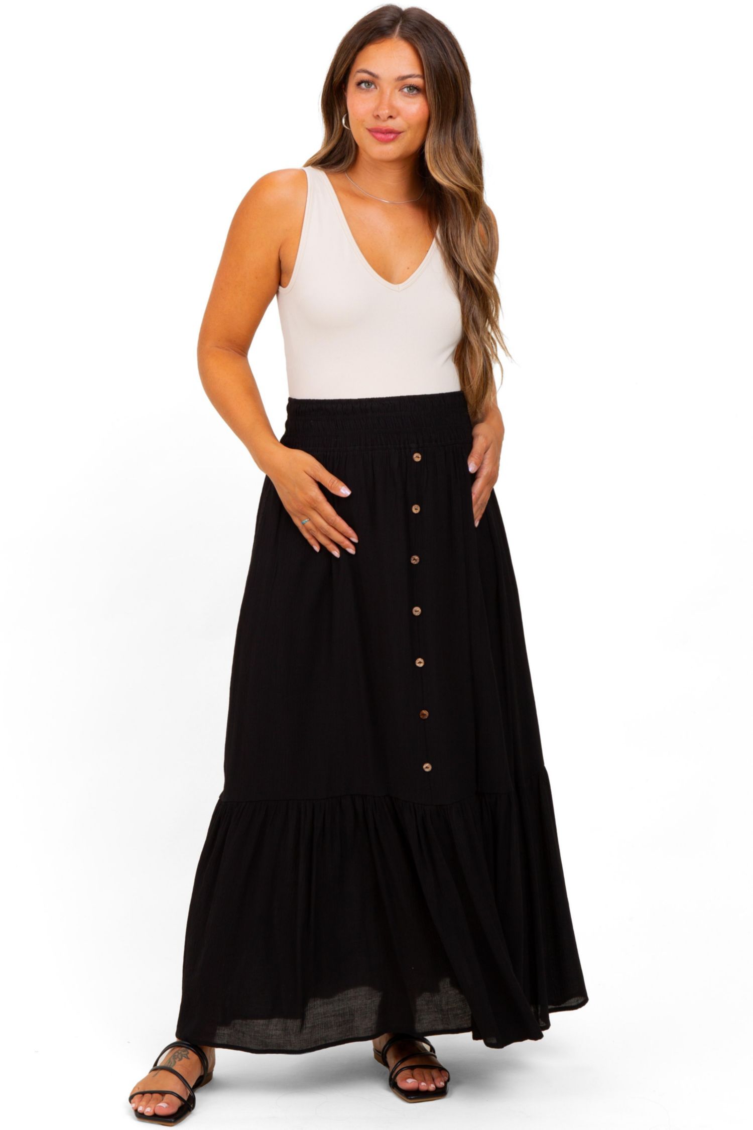 Women's Black Smocked Waist Button Accent Maxi Skirt