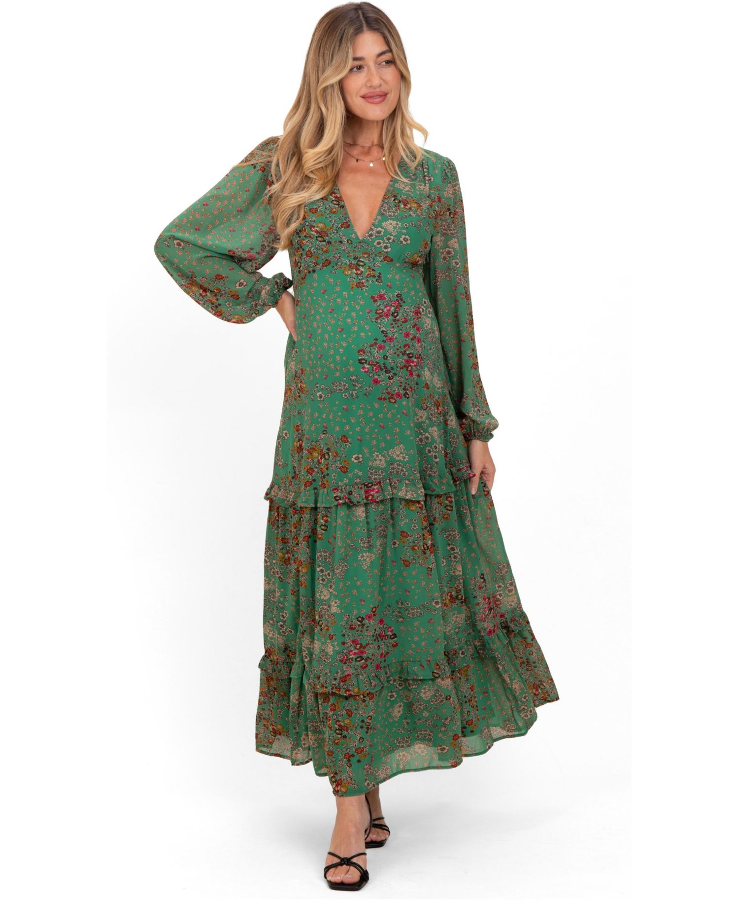 Women's Green Floral Chiffon V-Neck Long Sleeve Maxi Dress
