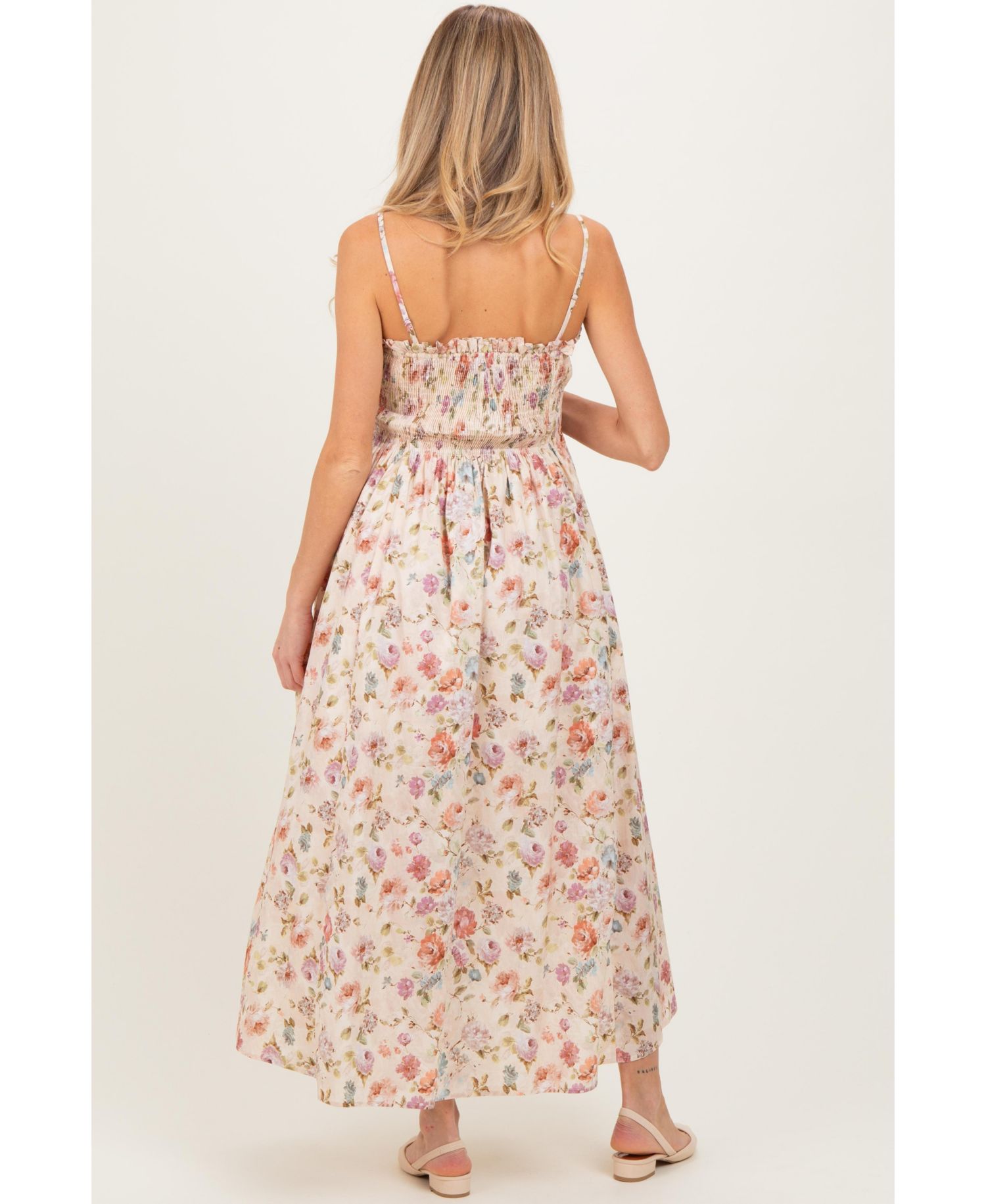 Women's Cream Floral Smocked Ruffle Detail Midi Dress