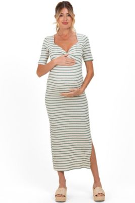 Women's Ivory Black Striped Knit Short Sleeve Maxi Dress