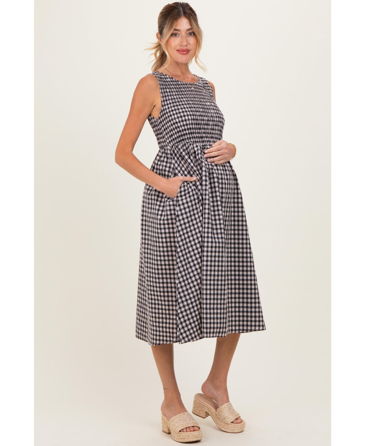 Pinkblush Maternity Red Gingham Smocked Sleeveless Midi Dress