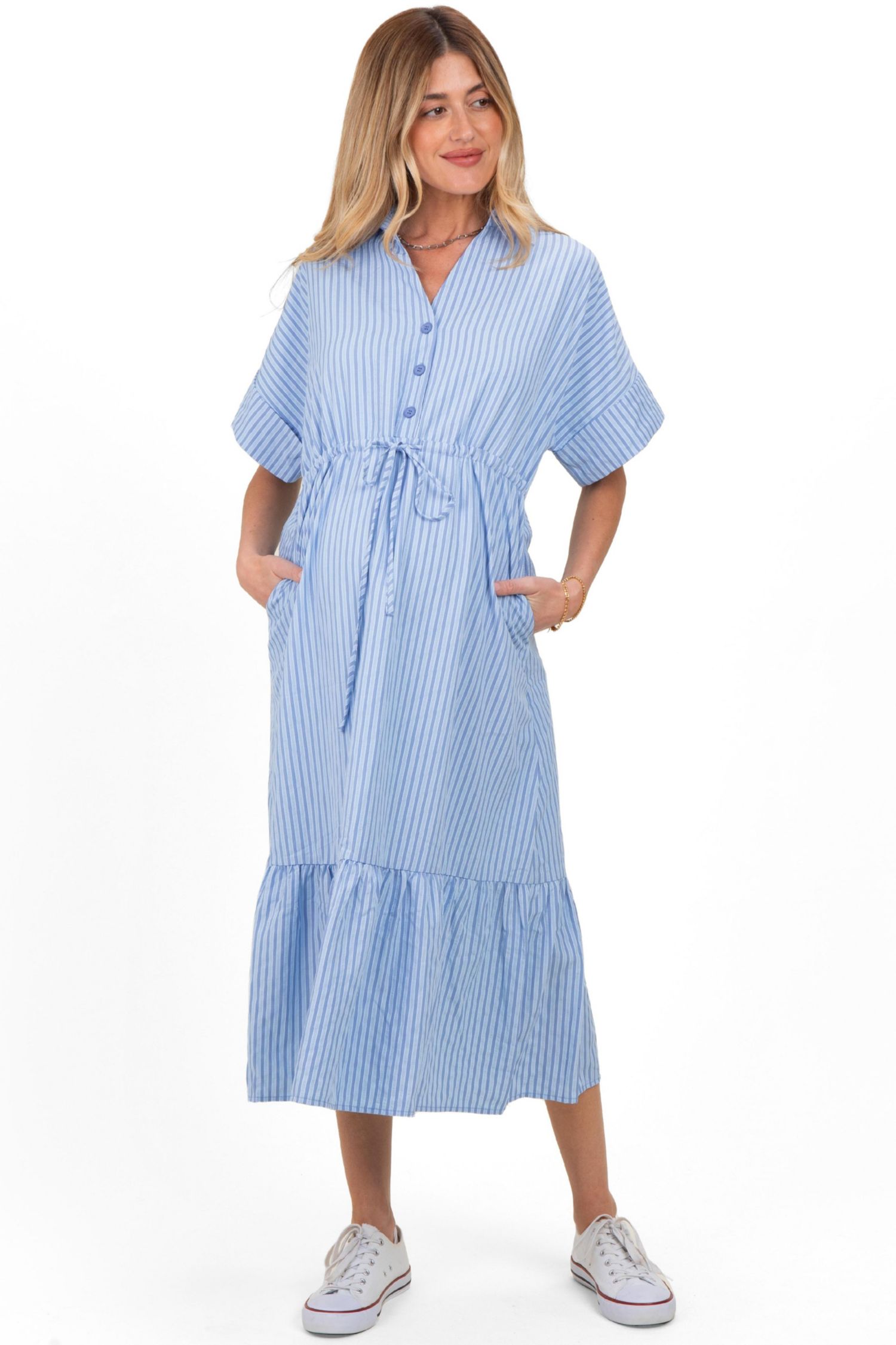 Women's Light Blue Striped Button Collared Midi Dress