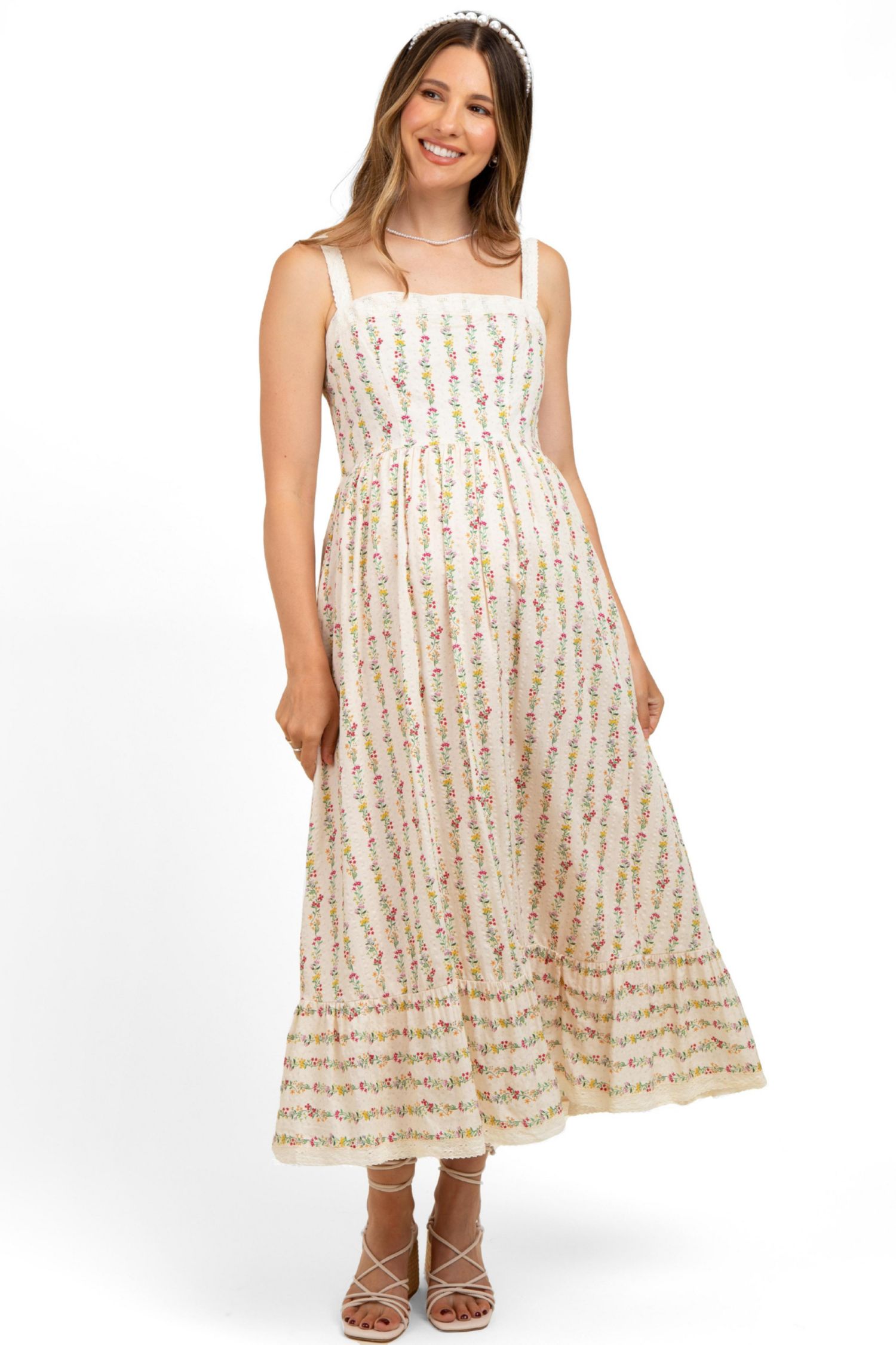 Women's Cream Floral Textured Cotton Lace Trim Maxi Dress