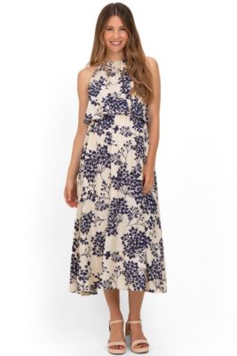 Women's Navy Floral Flounce Halter Midi Dress
