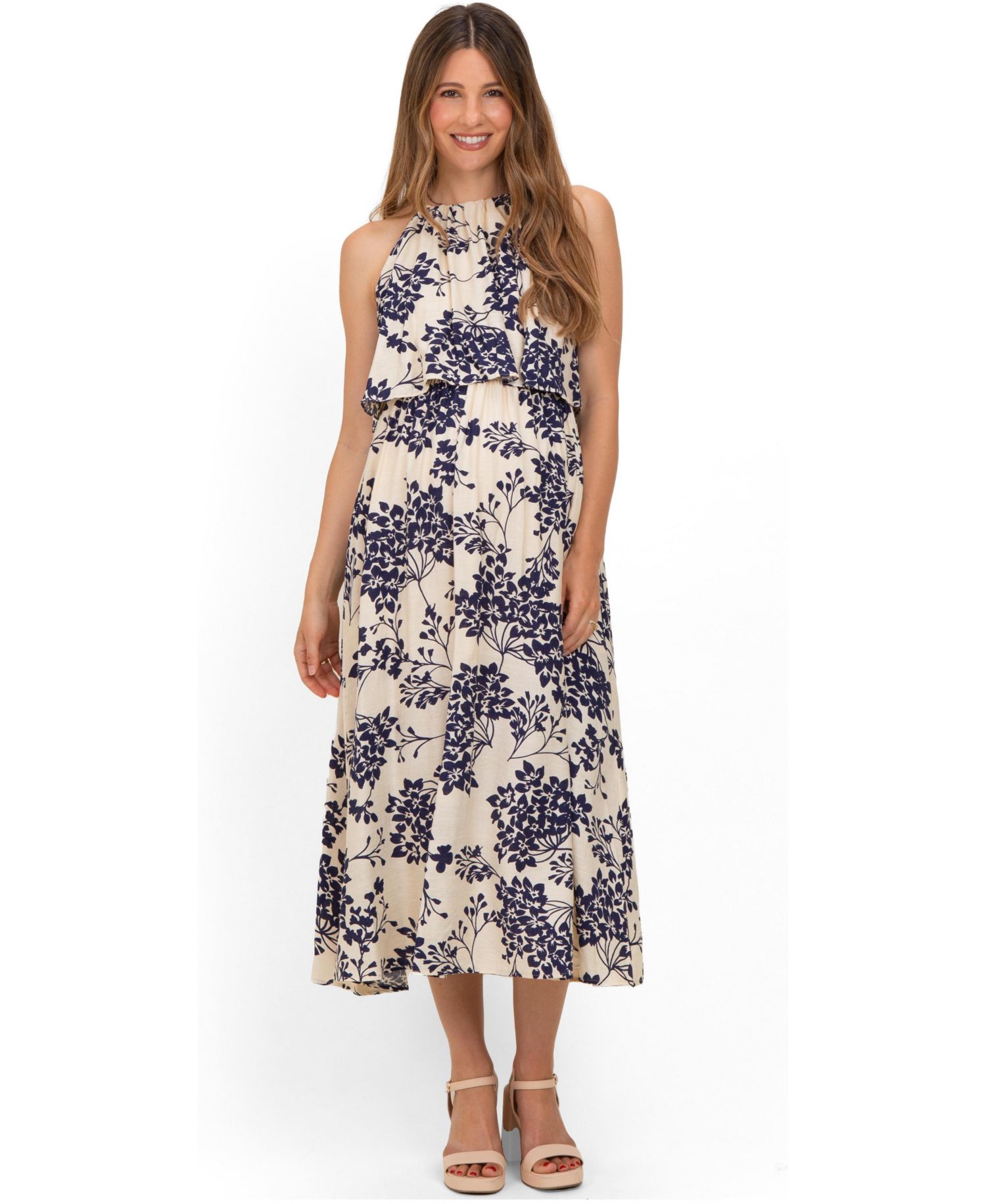 Women's Navy Floral Flounce Halter Midi Dress