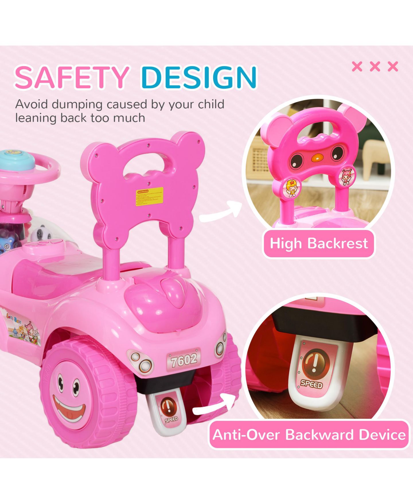 Детская игрушка Qaba Toddler Push Car with Foot-to-Floor Design, 24.4"L x 11.6"W x 19.1"H, 55 lb Capacity, Ages 18-36 Months, цвет: Розовый — фото 4
