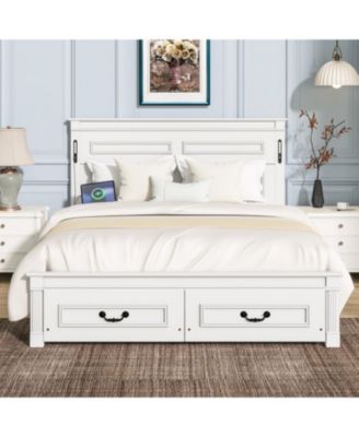 Queen Size Bed Frame, with 2 Storage Drawers and Tall Headboard, Built-In Charging Station and LED Lights