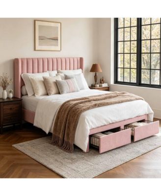 Velvet Wingback Platform Bed with 2 Storage Drawers Upholstered Bed Frame, Wooden Slats, No Box Spring Needed, Easy Assembly