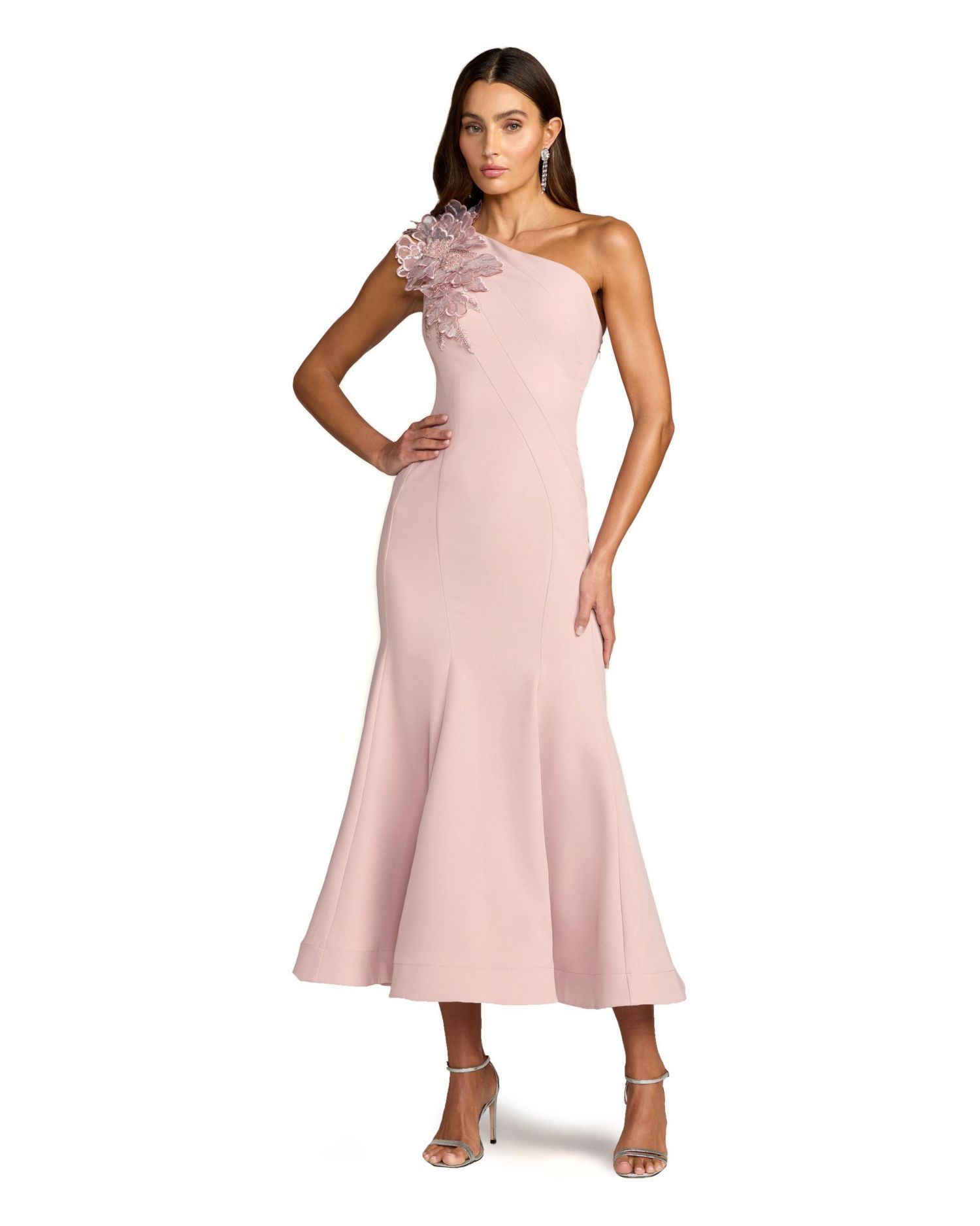 Women's One Shoulder Crepe Trumpet Midi Dress