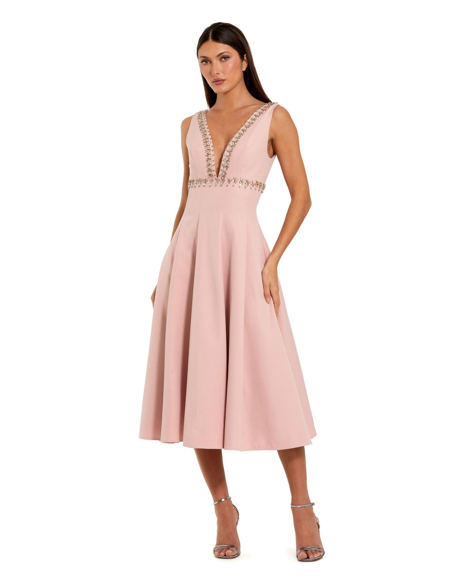 Women's Rhinestone Embellished Crepe A Line Midi Dress