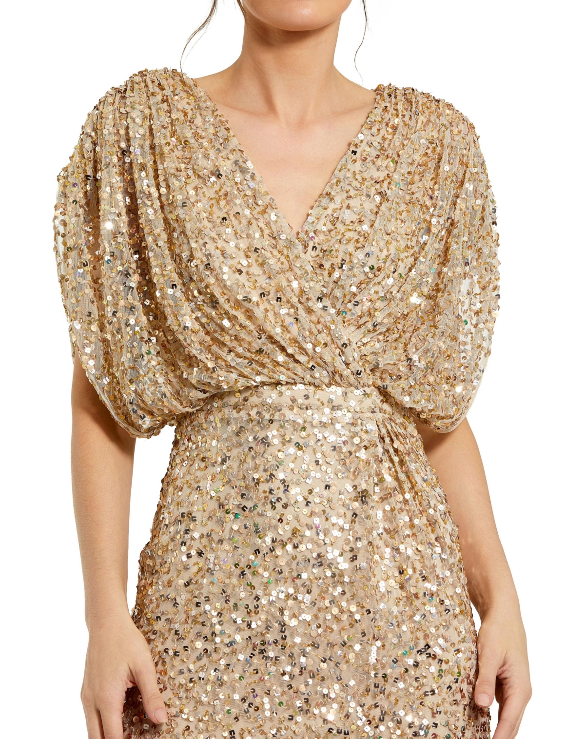 Mac Duggal Petite Sequin Draped Sleeve V-Neck Gown