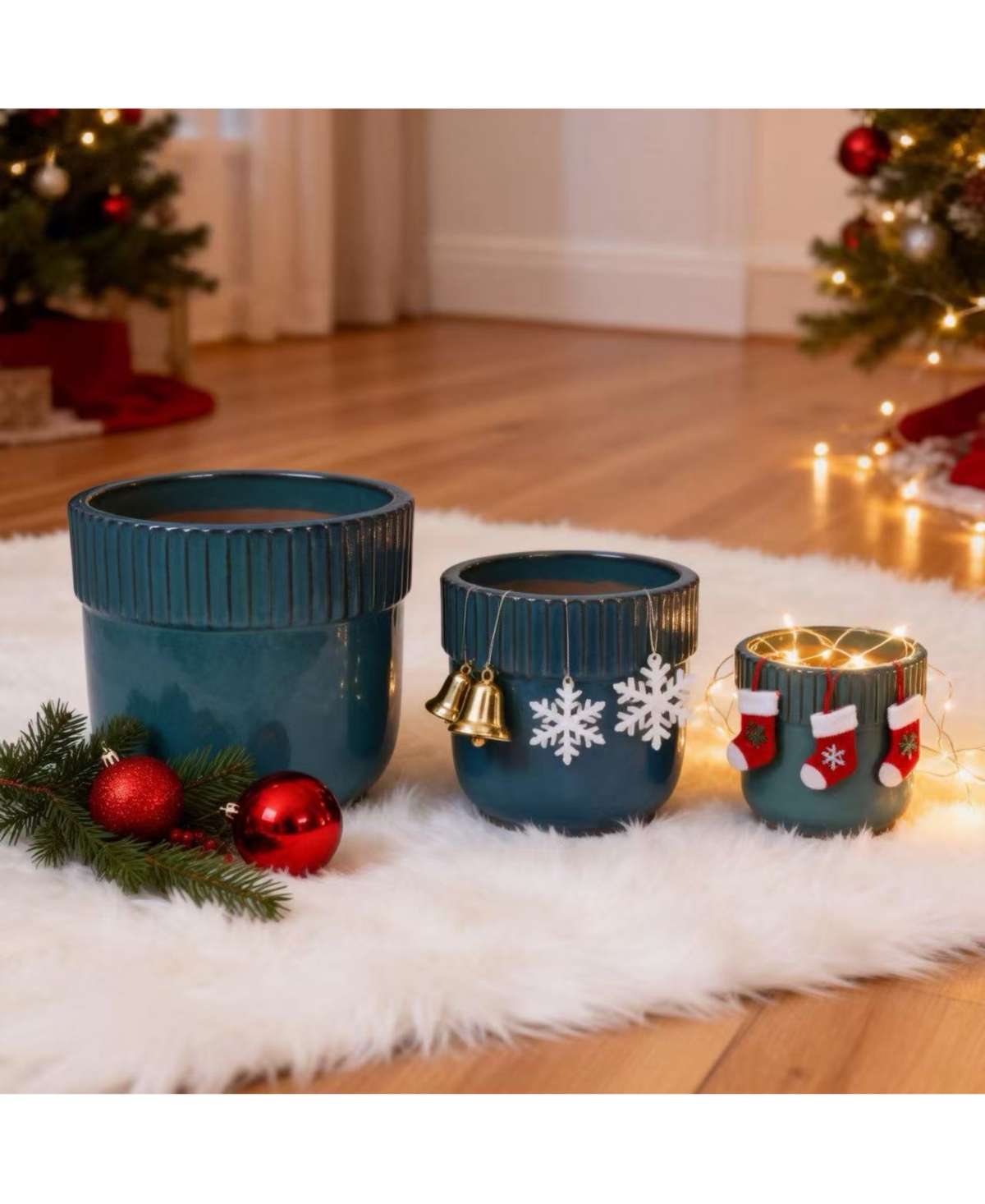 Clihome Handmade Glazed Ceramic Planter Set of 3, 15/12/9 Inch Diameter,for Monstera and Fiddle Leaf Fig Outdoor Garden & Indoor Staircase Use,Teal
